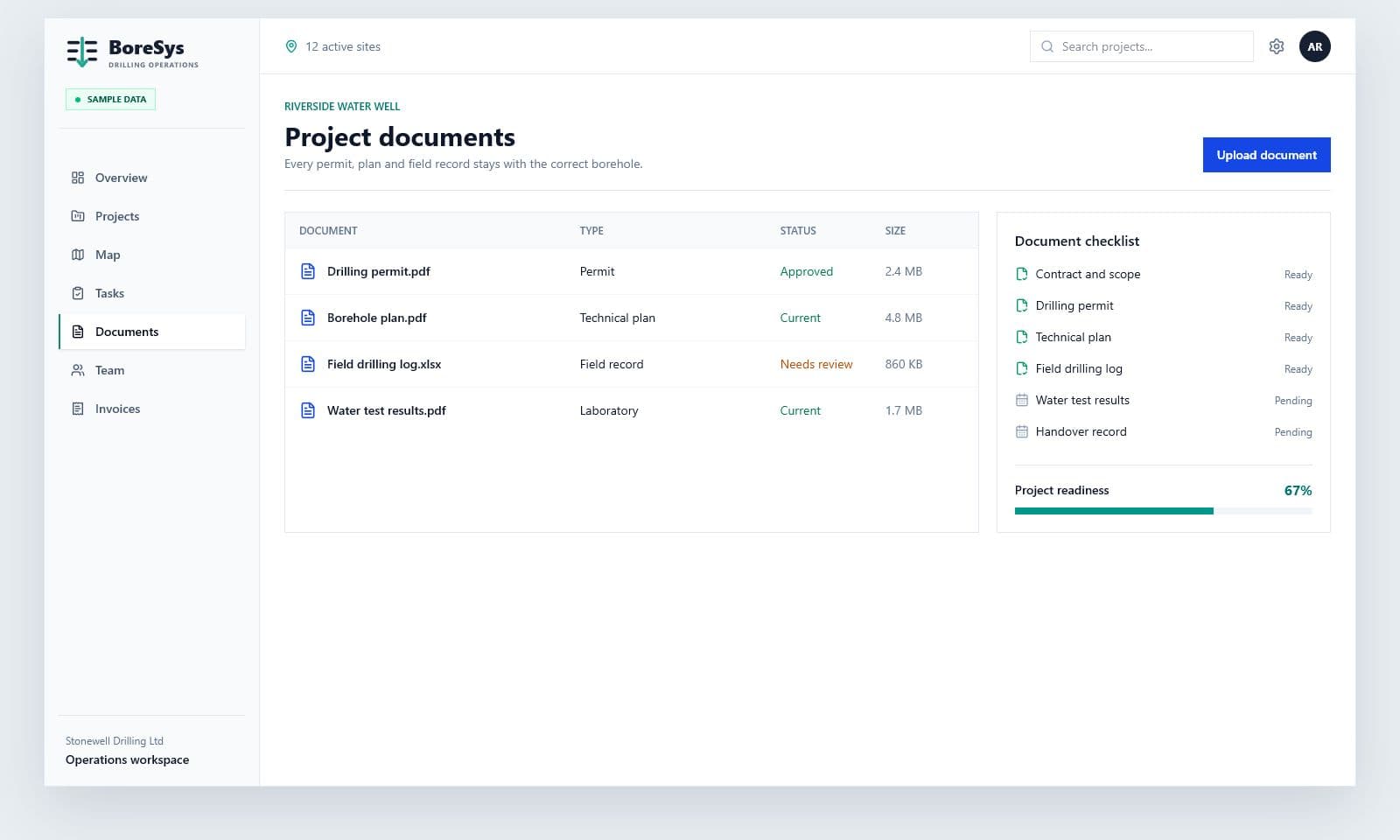 BoreSys drilling project document checklist and file status