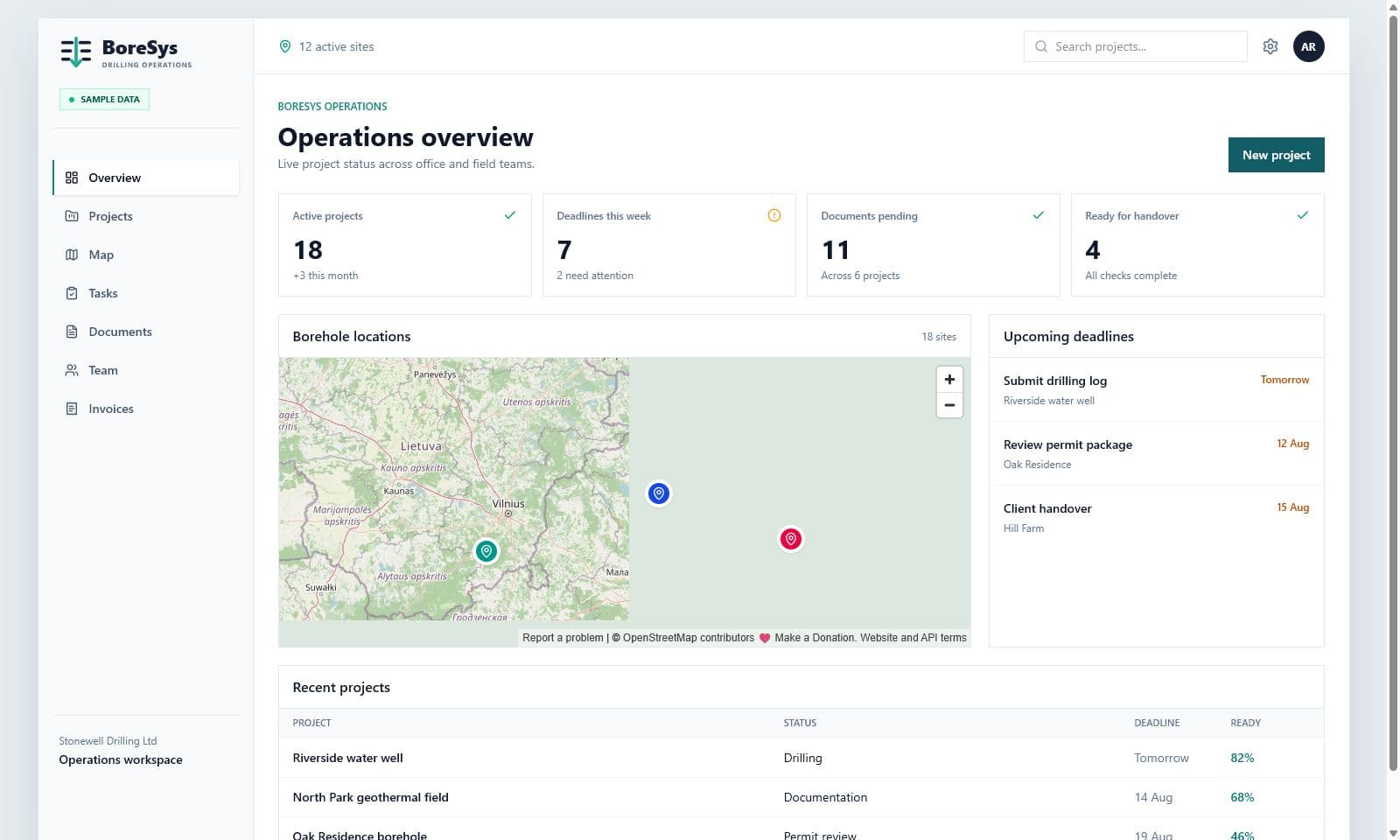 BoreSys drilling project dashboard with map, project status and document controls
