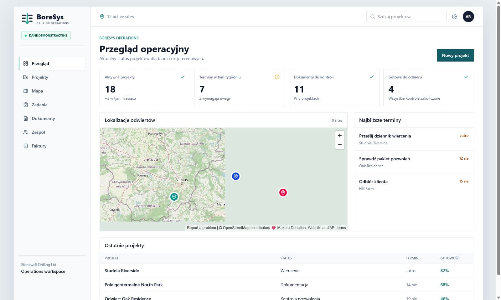 Panel BoreSys z mapą odwiertów, statusem projektów i dokumentacją