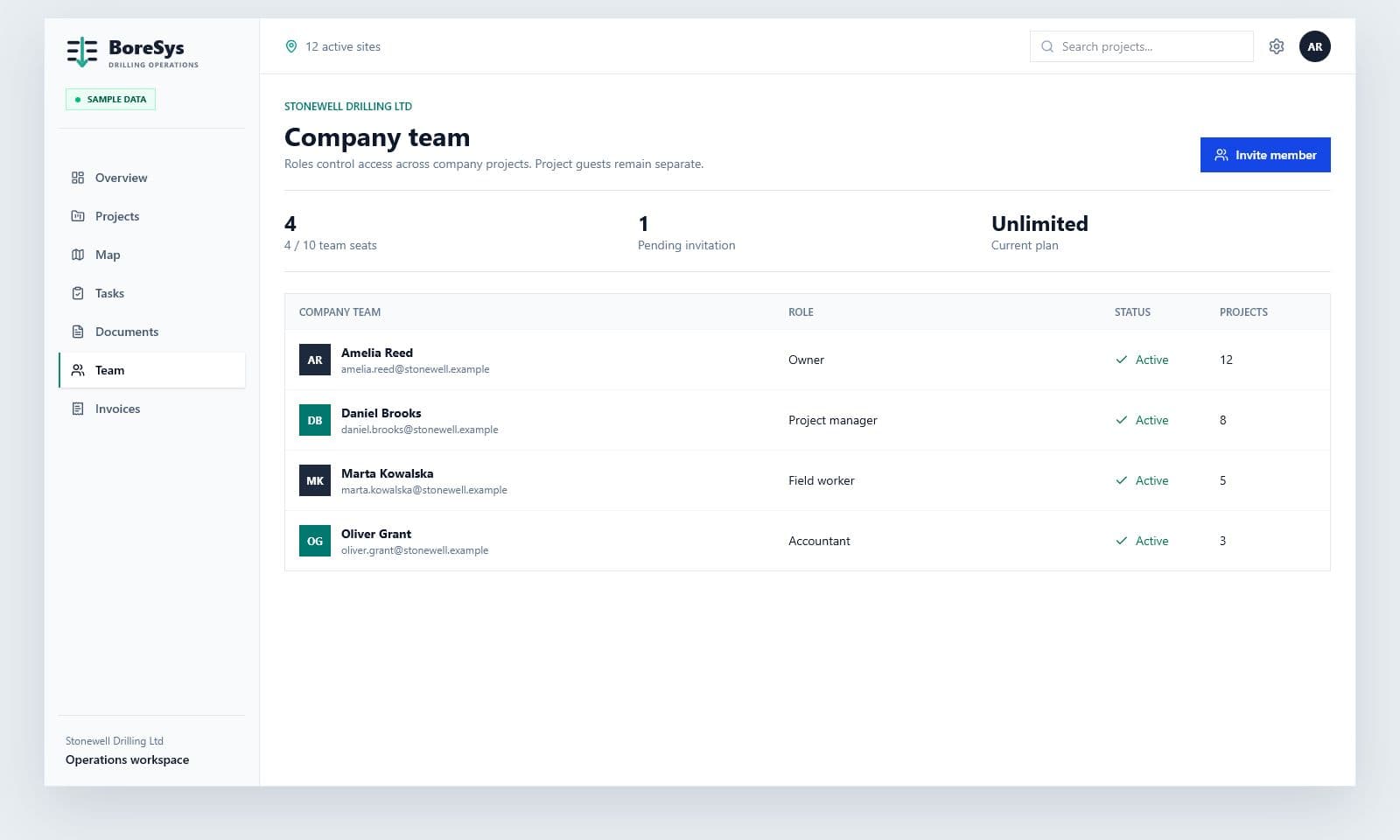 BoreSys company team roles and access management